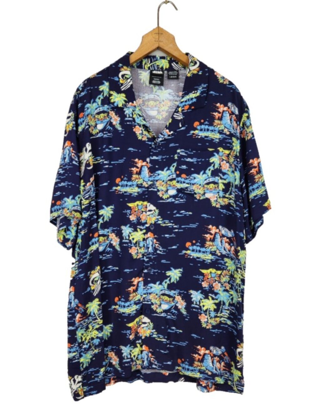 Star Wars Hawaiian Shirt Grogu Baby Yoda Tropical Button Up Mens L Blue Rayon